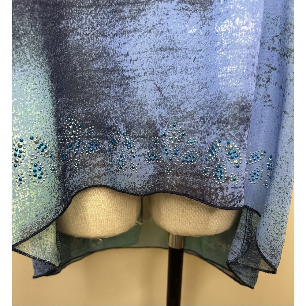 ONE WORLD Blue Sheer Short Sleeve Gemstones Round Neck Blouse Top Womens L - Picture 3 of 9